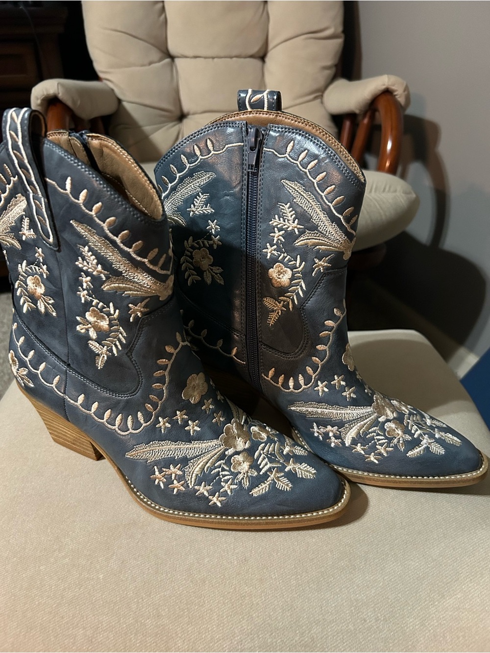 Embroidered Navy Lace-Up Western Ankle Boots - Women